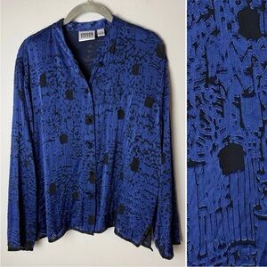 Chico's Blouse Size 2 (Large, 12) Top Long Sleeves Silk Blend Blue Black Burnout